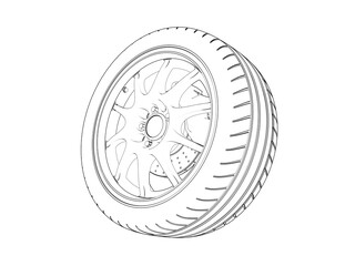 Detailed Automotive Car Wheel and Tire Technical Blueprint Diagram: Monochrome Wireframe Schematic Vector Illustration for Mechanical Engineering, Auto Mechanics, Vehicle Maintenance Outline Drawing