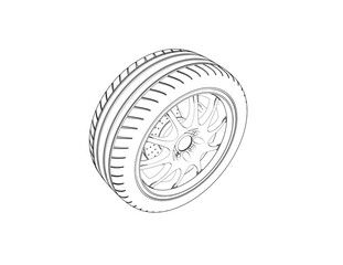 Detailed Automotive Car Wheel and Tire Technical Blueprint Diagram: Monochrome Wireframe Schematic Vector Illustration for Mechanical Engineering, Auto Mechanics, Vehicle Maintenance Outline Drawing