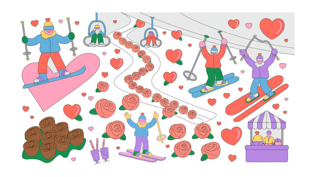 Valentine's Day Ski Resort Scene: Animated individuals revel in winter sports amidst a scene of love. Hearts, roses, and ski lifts create a charming and festive setting for this celebration.
