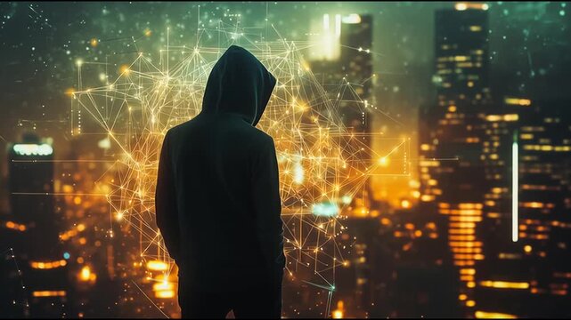 Hacker are planning to hack and attack networks and cyber security systems..Smart Innovation city with connection cyber security network reciprocity over the cityscape . future wireless digital city