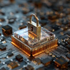 Digital security padlock on computer circuit board