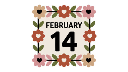 February 14 Floral Frame: Capturing the essence of romance, a calendar square adorned with blooming flowers displays February 14, symbolizing Valentine's Day.