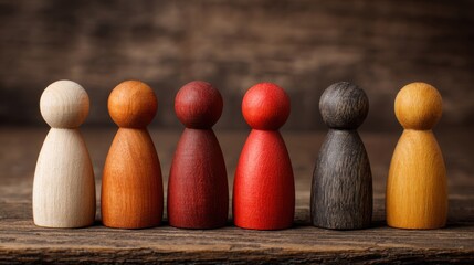 Diverse wooden figures stand together on table