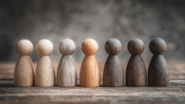 Diverse group of wooden figures standing together - Powered by Adobe