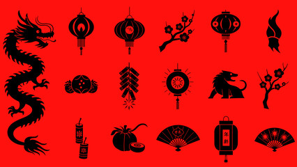 Lunar New Year Silhouette Icon Collection with Dragon, Lanterns, Firecrackers, and Auspicious Symbols on Red Background