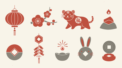 Pixel Art Style Lunar New Year Icons with Lanterns, Plum Blossom, Tiger, Firecrackers, and Traditional Symbols for Celebration