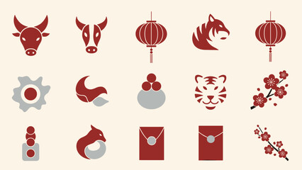 Pixel Art Lunar New Year Icon Set with Ox, Tiger, Lanterns, Red Envelopes, and Plum Blossoms for Spring Festival