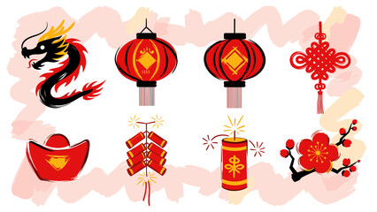 Hand-Drawn Style Lunar New Year Icons Set with Dragon, Lanterns, Firecrackers, Gold Ingot, and Plum Blossoms