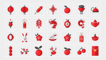 Detailed Pixel Art Lunar New Year Icon Collection with Lanterns, Firecrackers, Dragons, Rabbits, and Auspicious Fruits