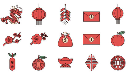 Vibrant Pixel Art Lunar New Year Icon Set with Dragon, Lanterns, Firecrackers, Red Envelopes, and Plum Blossoms