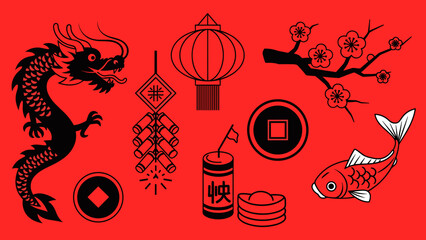 Bold Lunar New Year Icons with Dragon, Lanterns, Firecrackers, Coins, and Koi Fish on Red Background