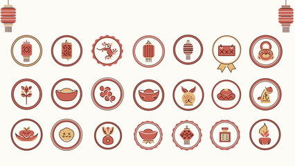 Circular Framed Pixel Art Lunar New Year Icons Collection with Traditional Symbols and Zodiac Animals