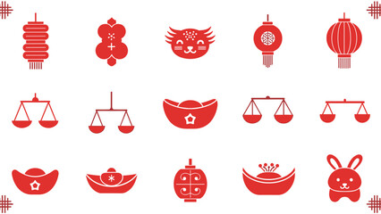 Red Pixel Art Lunar New Year Icons Set with Tiger, Rabbit, Gold Ingots, Scales, and Traditional Decorations