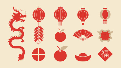 Pixel Art Lunar New Year Icon Set with Dragon, Lanterns, Firecrackers, Apples, Fans, and Auspicious "Fu" Character