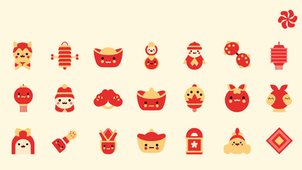 Adorable Kawaii Pixel Art Lunar New Year Icons with Cute Characters, Lanterns, and Gold Ingots for Festivities