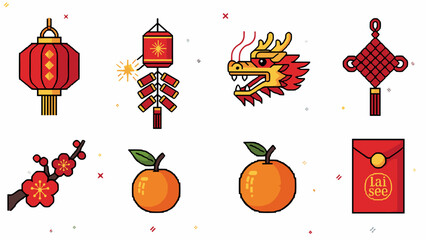 Colorful Pixel Art Lunar New Year Icons with Lantern, Firecrackers, Dragon Head, Knot, Plum Blossom, Oranges, and Red Envelope