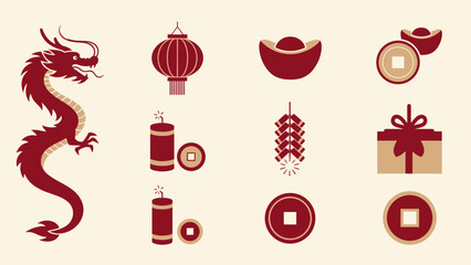 Pixel Art Lunar New Year Icon Set with Dragon, Lantern, Gold Ingots, Coins, Firecrackers, and Festive Gift Box