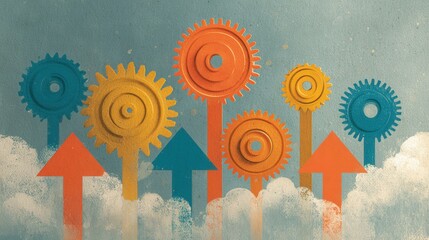 Gears and arrows symbolize growth and progress