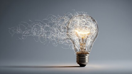 Glowing light bulb dissolving into abstract threads