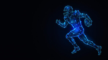 A digital illustration of a football player running with the ball in a dark background, American Football