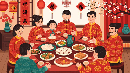Traditional Chinese Lunar New Year Family Dinner with Auspicious Calligraphy and Plum Blossoms