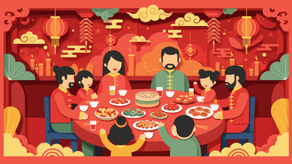 Elaborate Paper-Cut Style Chinese Lunar New Year Family Dinner with Rich Decorations and Food