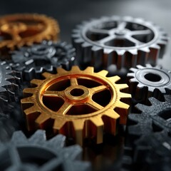 Golden and silver gears interlocking together