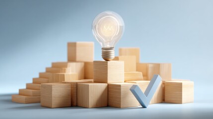 Glowing light bulb on wooden blocks with checkmark