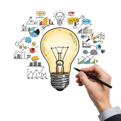Hand drawing light bulb with business charts isolated on transparent background