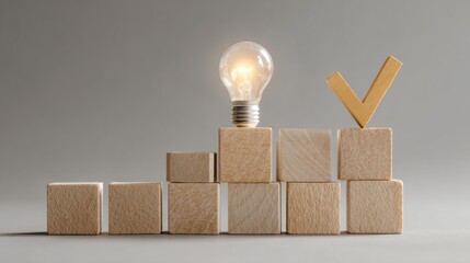 Light bulb and check mark on wooden blocks