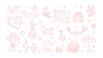 Love-themed Doodle Art: Playful doodle illustrations of heart symbols, with whimsical variations, creating a lighthearted atmosphere. 