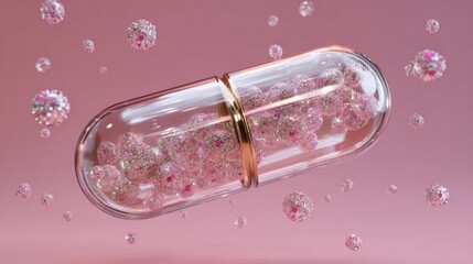 Medicine capsule filled with sparkling particles floating