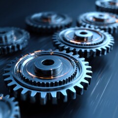 Metallic gears in motion with glowing light trails