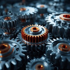 Metallic gears interlocking industrial mechanism close-up