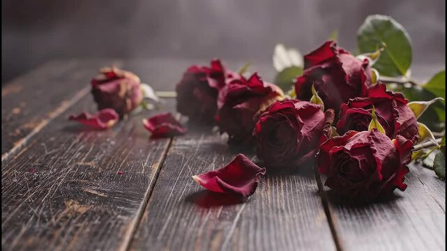 Fading crimson roses and scattered petals rest gently on a dark wooden table, evoking a sense of lost beauty, memory, and the inevitable passage of time, showcasing the delicate transition of life