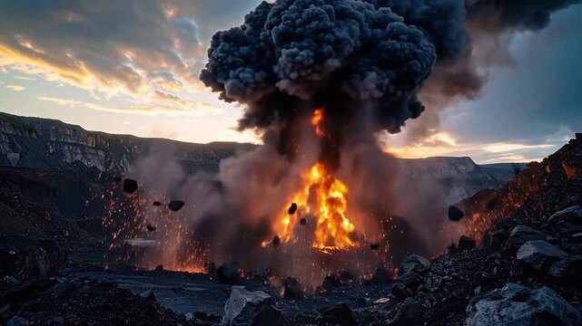 Dramatic explosion erupting in a rocky landscape under a colorful sky at dusk.