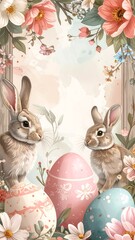 Easter Bunny Rabbits with Decorated Eggs Flowers.