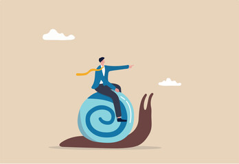 Slow growth, inefficient or stupid mistake, businessman idiot leader riding slow snail never reach goal, losing business competition. © Premium Shop