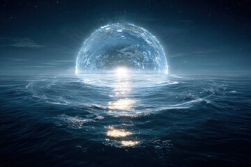 Planet Earth rises from the ocean at night