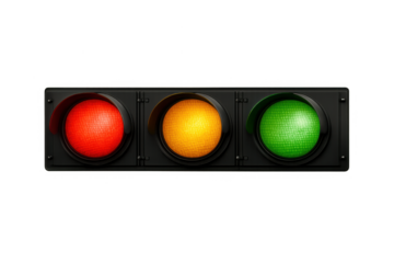 Horizontal road traffic light displaying red, yellow, and green signals regulating urban transport flow and safety on a transparent background