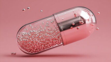Transparent capsule filled with shimmering spheres