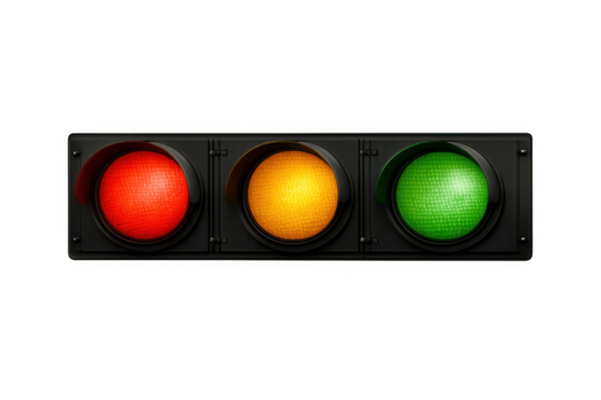 Horizontal road traffic light displaying red, yellow, and green signals regulating urban transport flow and safety on a transparent background - Powered by Adobe