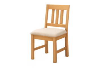 Wooden dining chair with light beige upholstered seat on a transparent background, furniture for home and kitchen decor