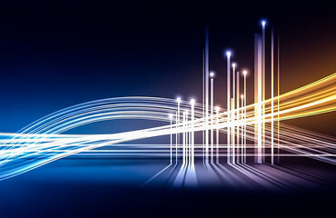 Abstract glowing light streaks and vertical lines on dark blue and orange background image