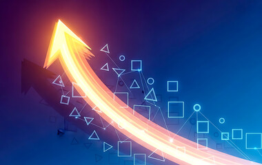 Glowing orange arrow ascends through abstract geometric shapes on a dark blue background upward growth