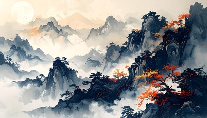 Misty Mountain Landscape with Autumn Trees.