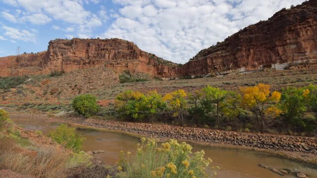 Steep, rocky walls of the scenic R&iacute;o Chama, or Chama River, Canyon below Abiquiu Dam in northern New Mexico, USA