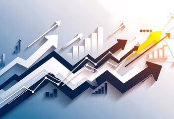 Upward trending arrows and bar charts in shades of blue white and yellow graph