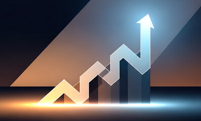 Upward trending graph with arrow and bar chart elements in blue and orange light image