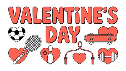 Love and Leisure: A vibrant illustration celebrating Valentine's Day with heart-shaped icons representing sports, symbolizing love and leisure activities. 